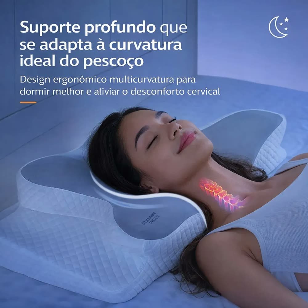 Mulher dormindo de costas com o pescoço apoiado no travesseiro cervical