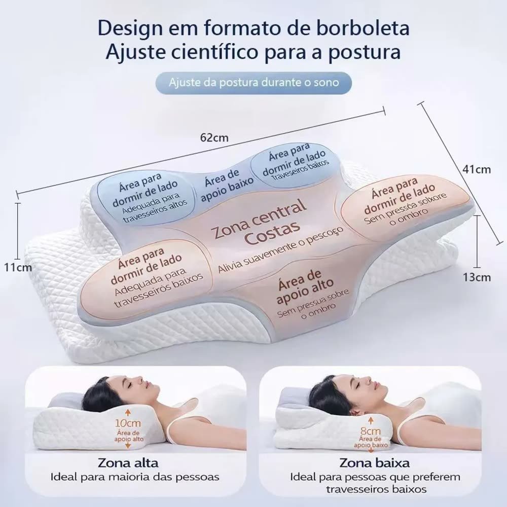 Medidas do travesseiro: 62 cm de comprimento e 41 cm de largura, com zona alta e zona baixa