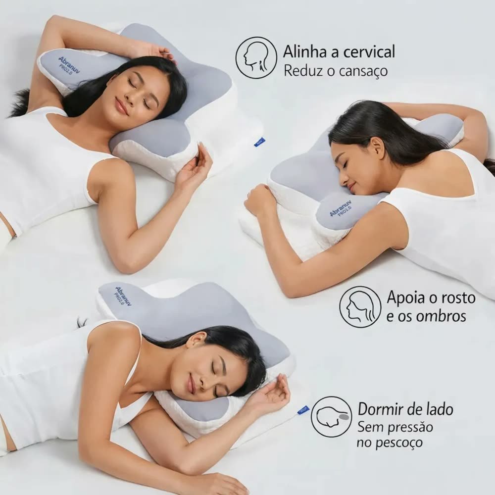 Travesseiro alinhando a cervical de costas, apoiando rosto e ombros e o pescoço de lado